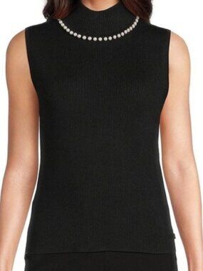 Karl Lagerfeld Paris Sleeveless Sweater Top Black Ribbed Mock Neck Pearl Large
